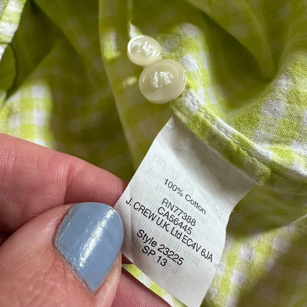 J.Crew Perfect Shirt Lime Green Gingham Button Down Cotton Top Size Small